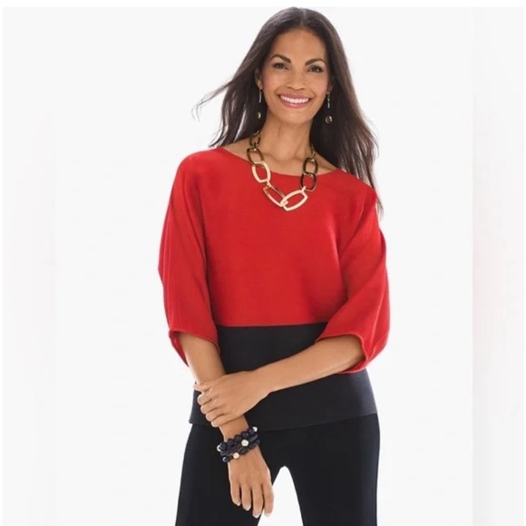 Chico's Tops - Chico’s Travelers Pleated Red and Black Colorblock Poncho blouse